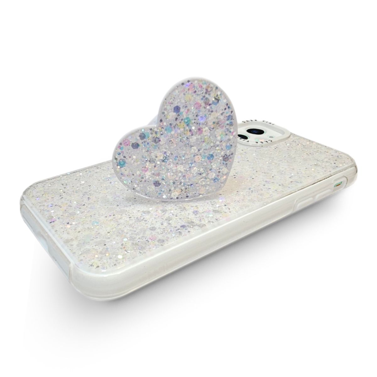 GENERICO - CARCASA PARA IPHONE 11 GLITTER CON POP SOCKET COLOR BLANCO.