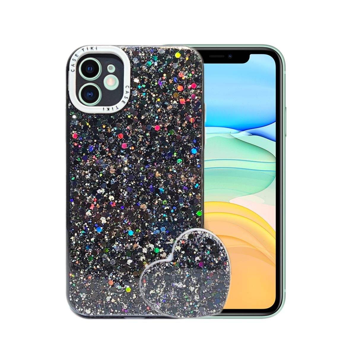 GENERICO - CARCASA PARA IPHONE 11 GLITTER CON POP SOCKET COLOR NEGRO.