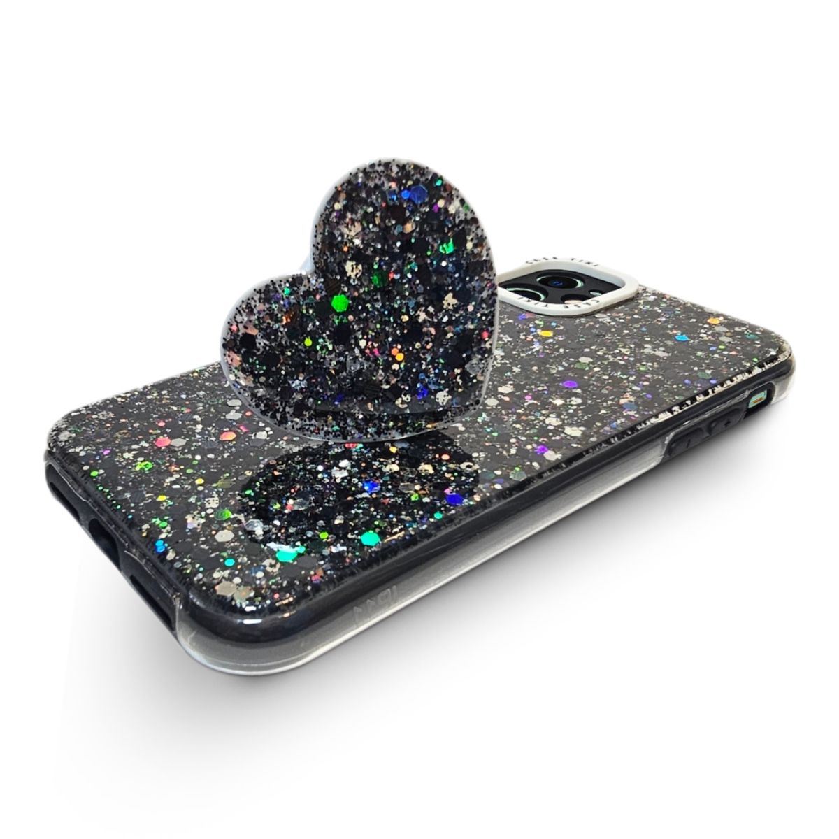 GENERICO - CARCASA PARA IPHONE 11 GLITTER CON POP SOCKET COLOR NEGRO.