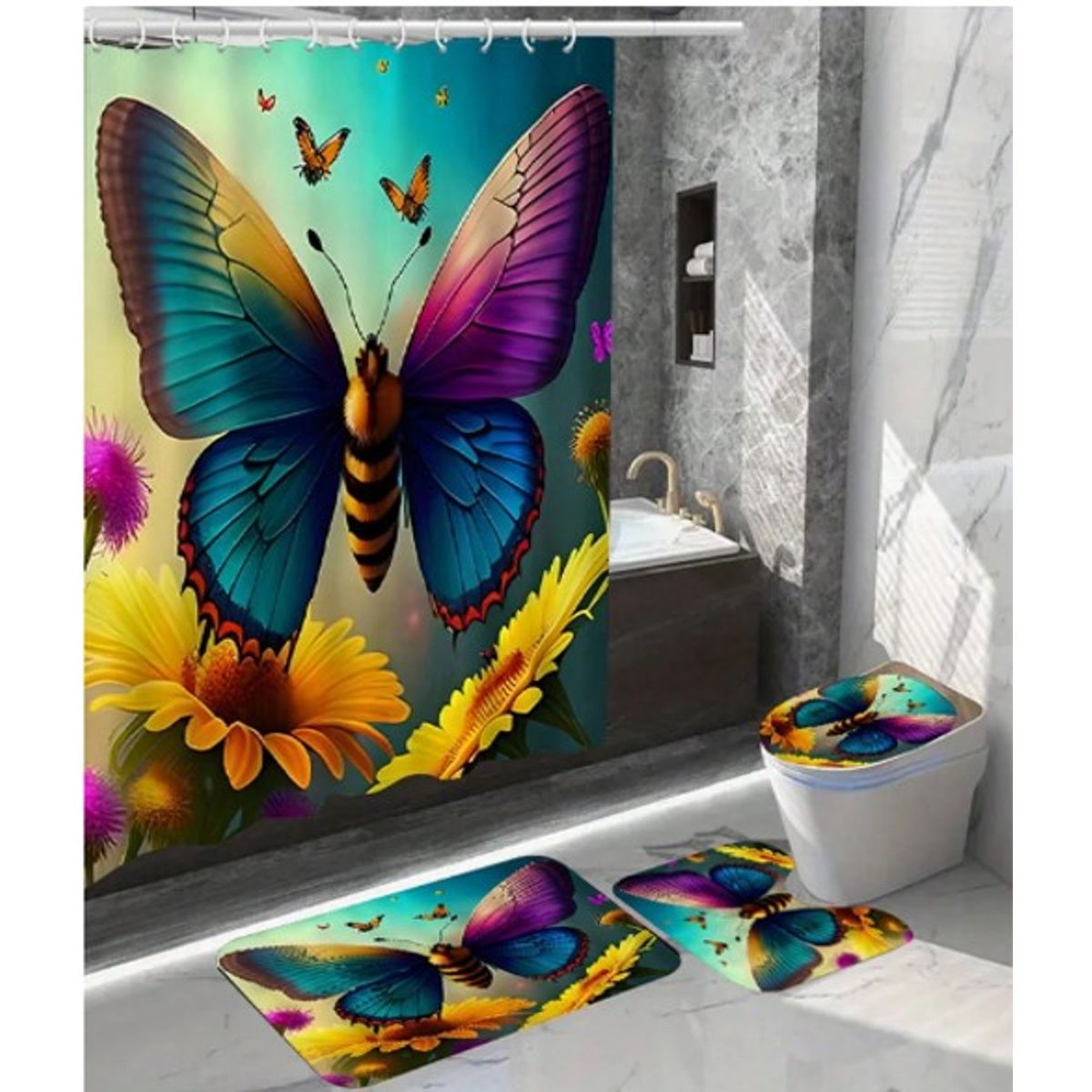 GENERICO - SET DE BAÑO IMPERMEABLE 4 PIEZAS CON DISEÑO MARIPOSA MULTICOLOR WYN