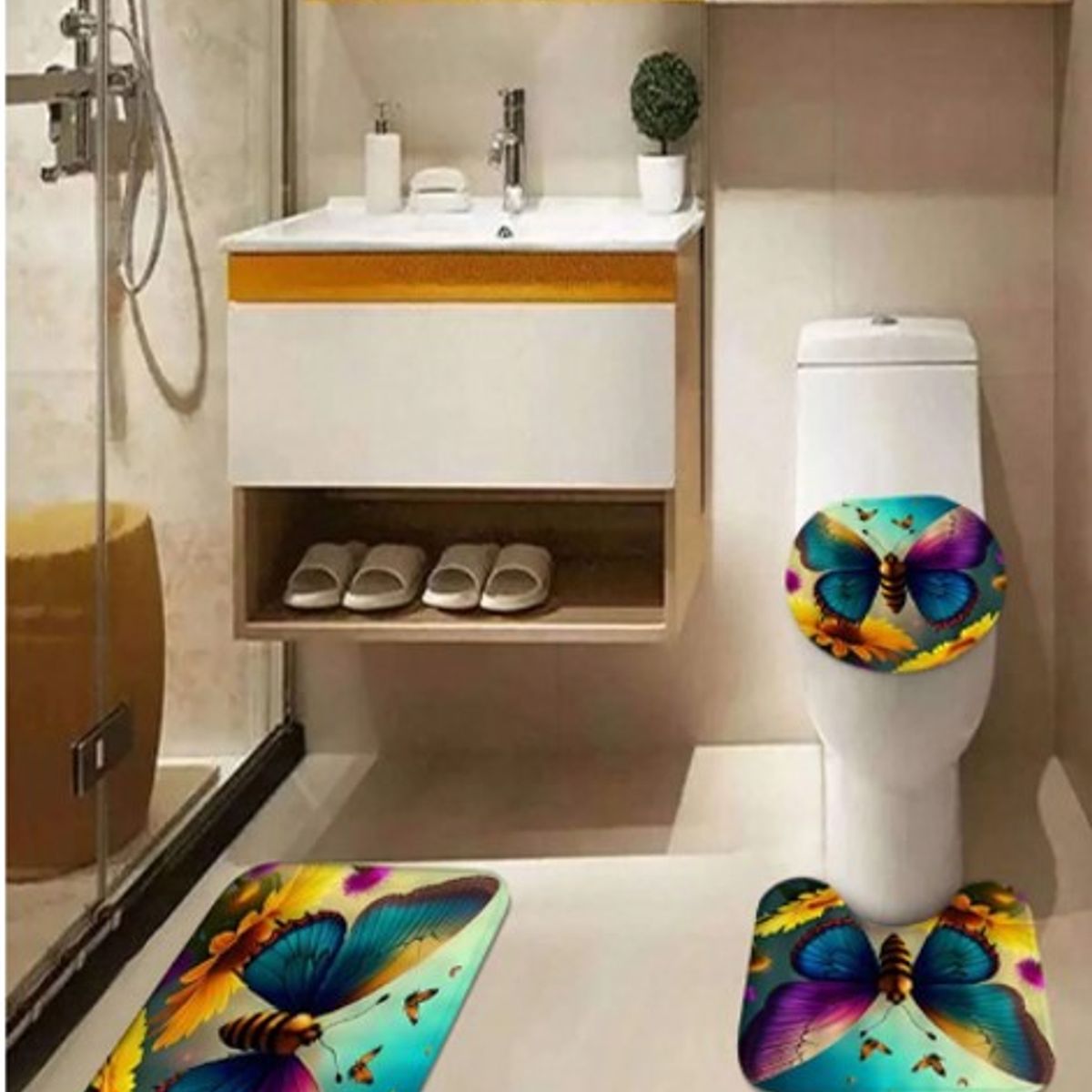 GENERICO - SET DE BAÑO IMPERMEABLE 4 PIEZAS CON DISEÑO MARIPOSA MULTICOLOR WYN