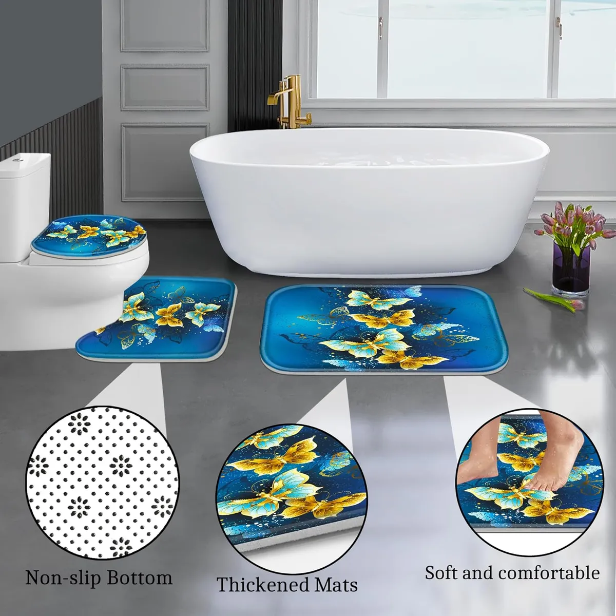 GENERICO - SET DE BAÑO IMPERMEABLE 4 PIEZAS CON DISEÑO MARIPOSAS AZULES WYN.