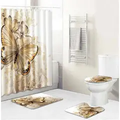 GENERICO - SET DE BAÑO IMPERMEABLE 4 PIEZAS CON DISEÑO MARIPOSA DORADAS WYN