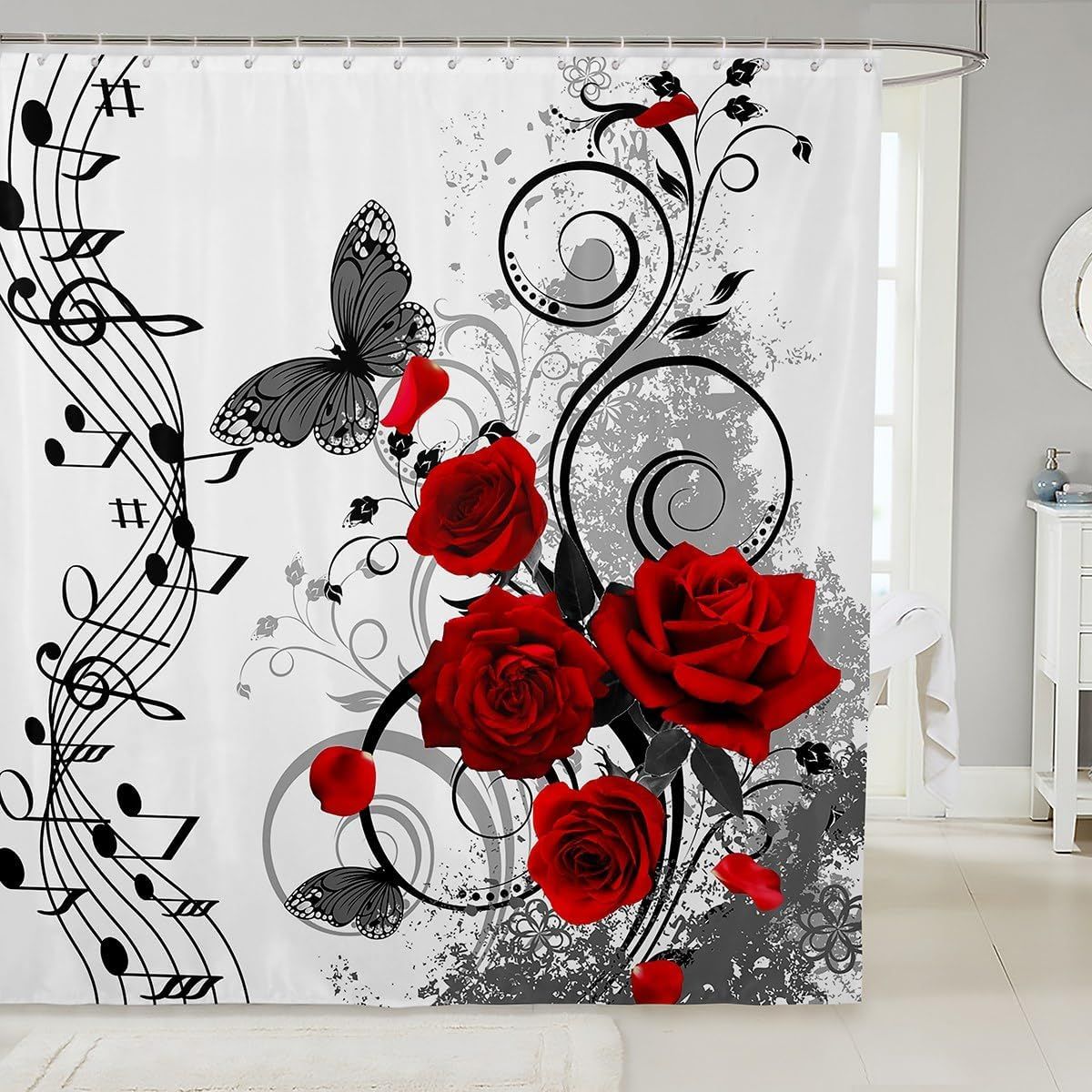 GENERICO - SET DE BAÑO IMPERMEABLE 4 PIEZAS CON DISEÑO ROSAS ROJAS WYN