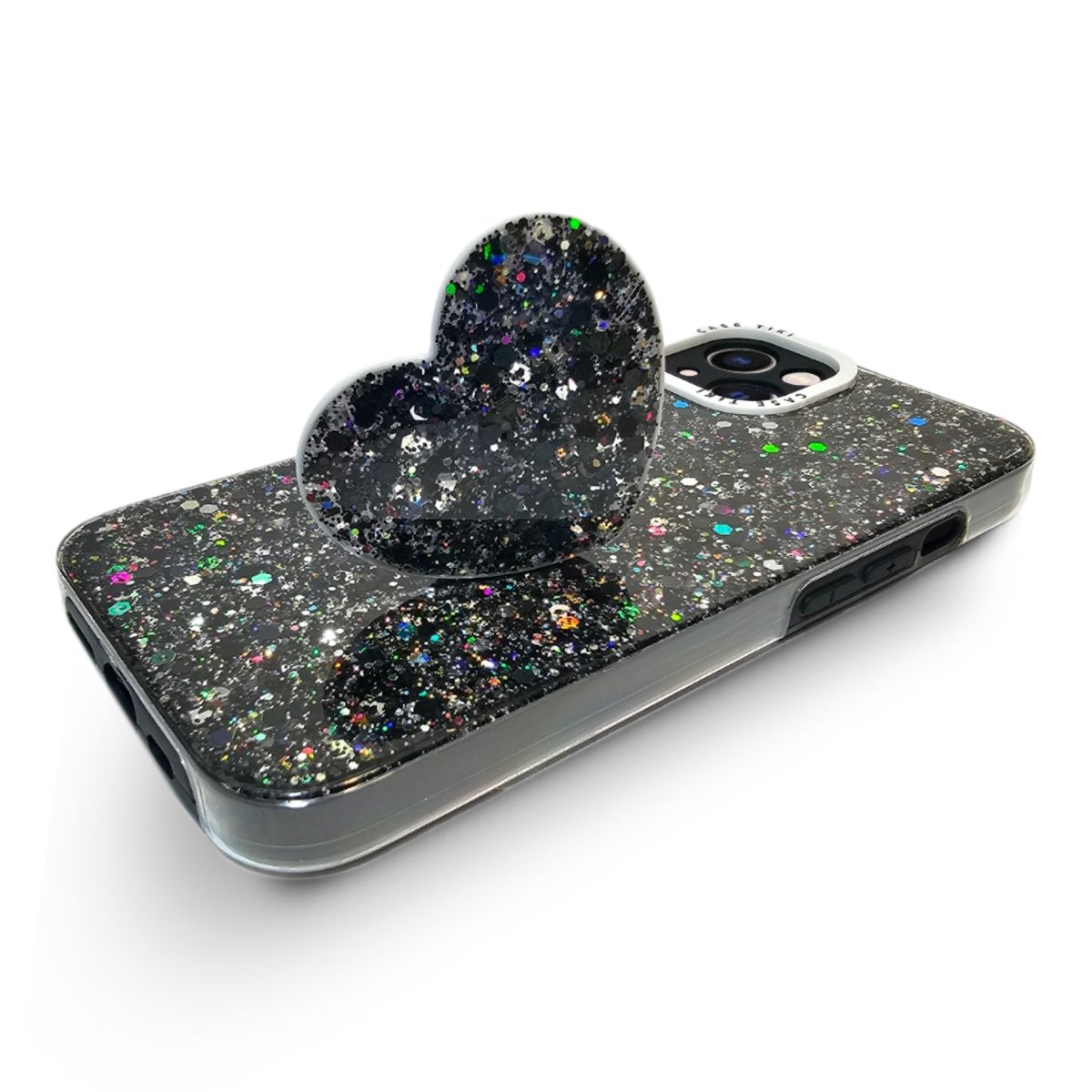 GENERICO - CARCASA PARA IPHONE 13 GLITTER CON POP SOCKET COLOR NEGRO