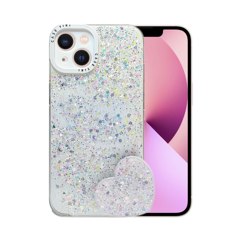 GENERICO - CARCASA PARA IPHONE 13 GLITTER CON POP SOCKET COLOR BLANCO.