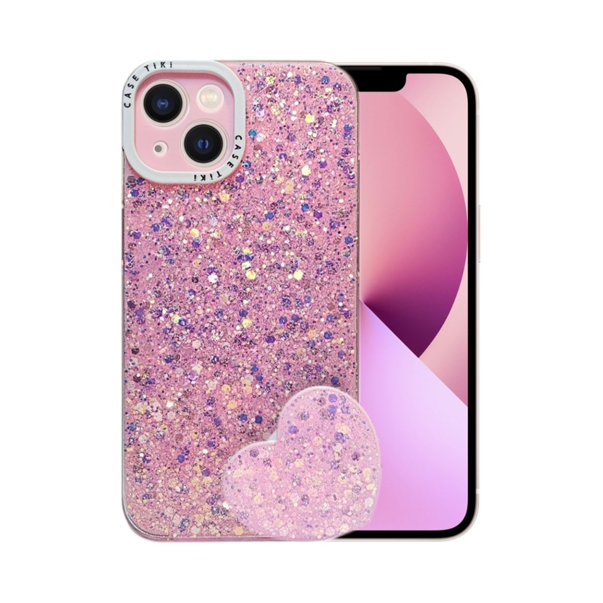 GENERICO - CARCASA PARA IPHONE 14 GLITTER CON POP SOCKET COLOR ROSA.