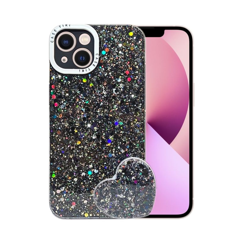 GENERICO - CARCASA PARA IPHONE 14 GLITTER CON POP SOCKET COLOR NEGRO.