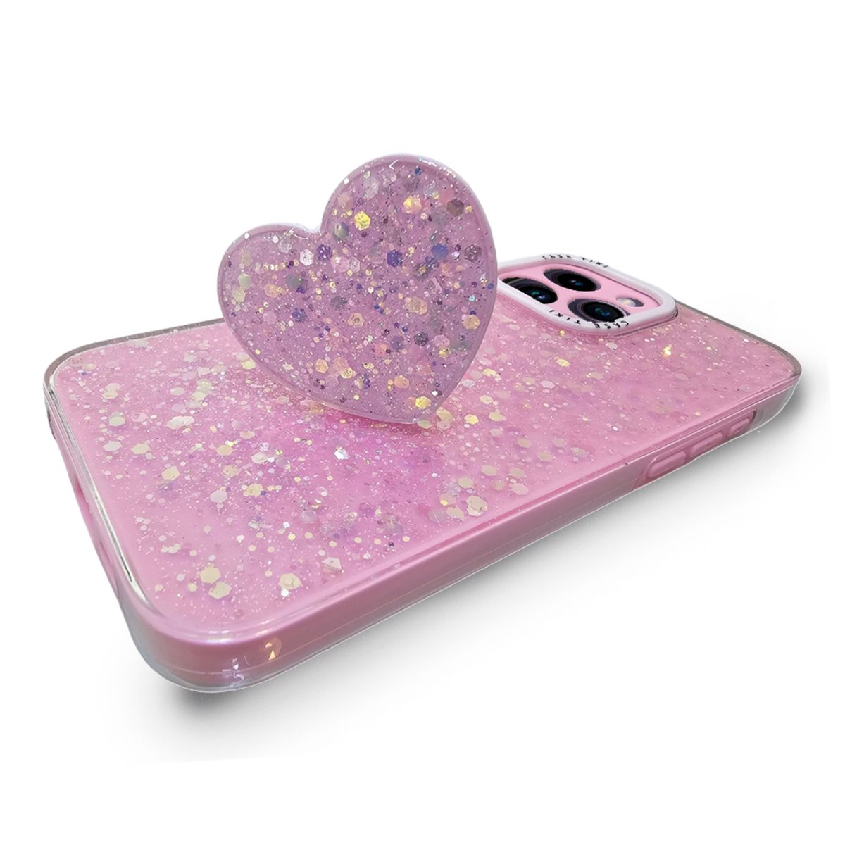 GENERICO - CARCASA PARA IPHONE 15 PRO MAX GLITTER CON POP SOCKET COLOR ROSA