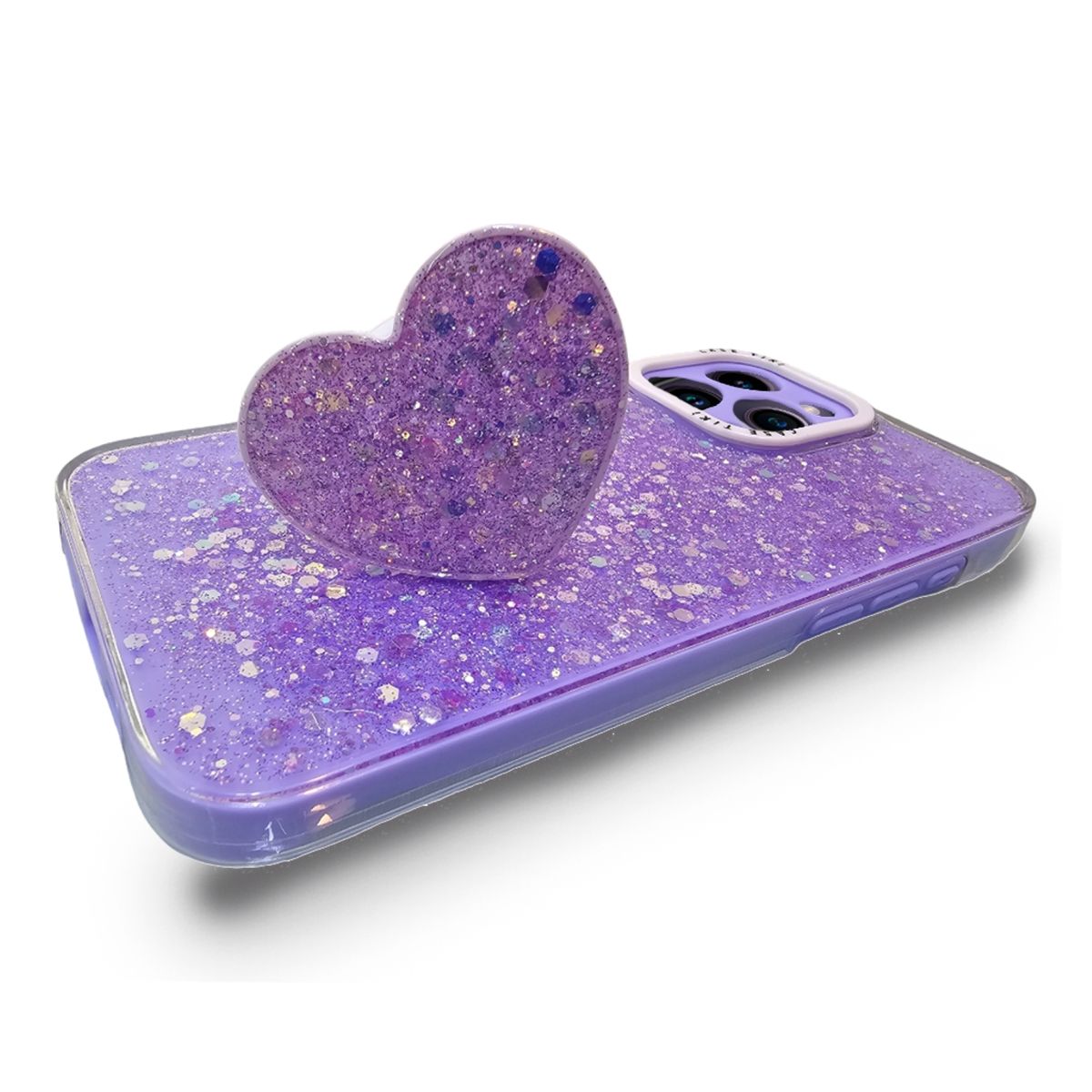 GENERICO - CARCASA PARA IPHONE 15 PRO MAX GLITTER CON POP SOCKET COLOR LILA