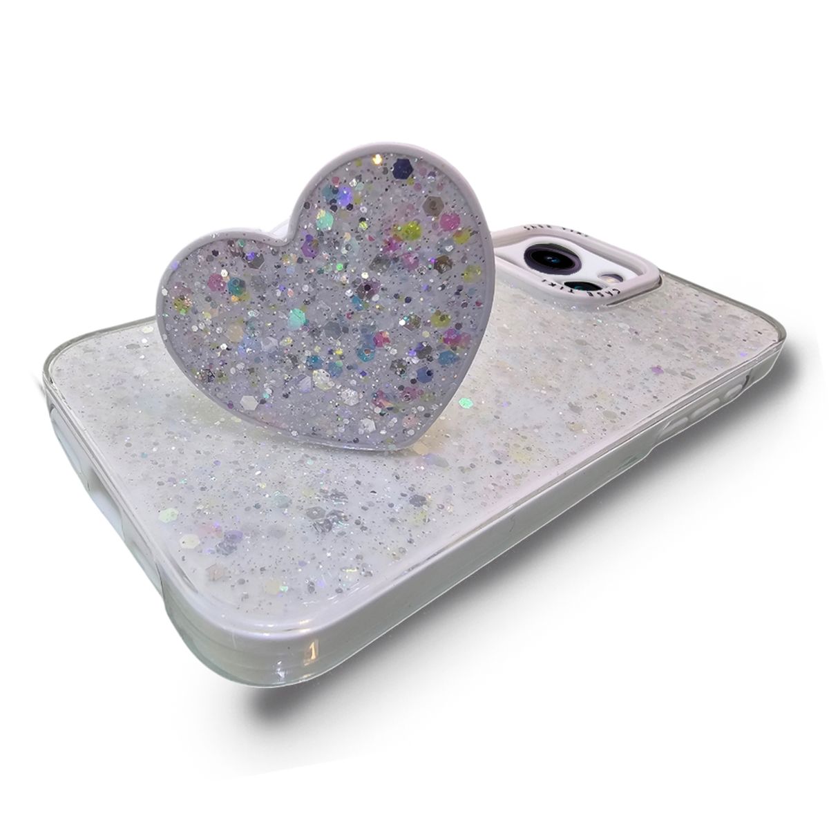GENERICO - CARCASA PARA IPHONE 15 PRO MAX GLITTER CON POP SOCKET COLOR BLANCO