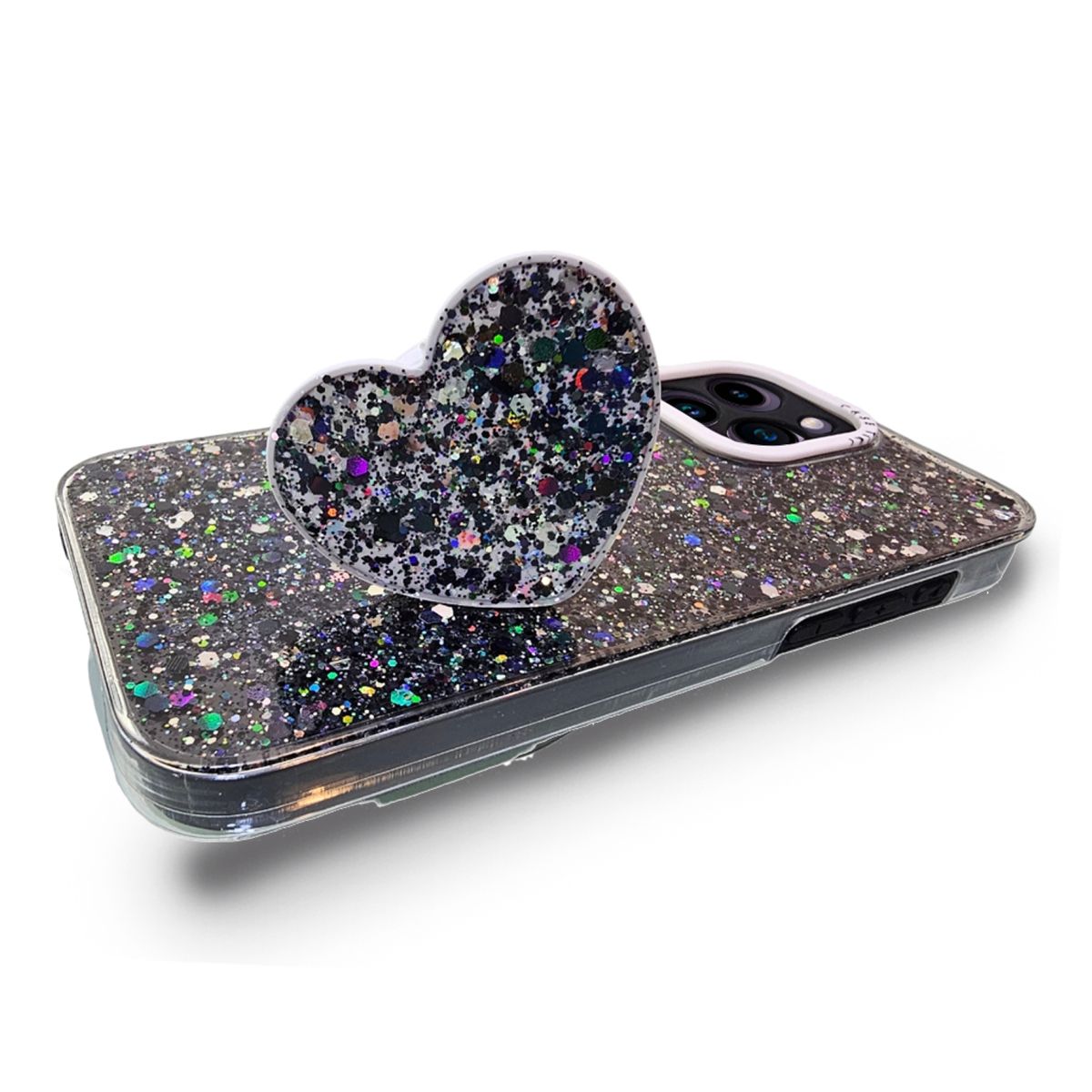 GENERICO - CARCASA PARA IPHONE 15 PRO MAX GLITTER CON POP SOCKET COLOR NEGRO