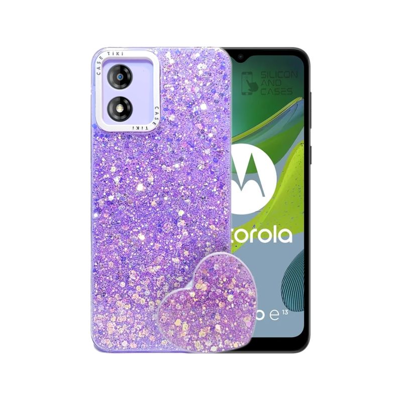 GENERICO - CARCASA PARA MOTOROLA E13 GLITTER CON POP SOCKET COLOR LILA