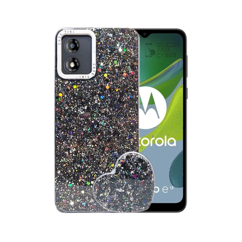 GENERICO - CARCASA PARA MOTOROLA E13 GLITTER CON POP SOCKET COLOR NEGRO