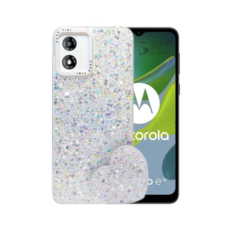 GENERICO - CARCASA PARA MOTOROLA E13 GLITTER CON POP SOCKET COLOR BLANCO.
