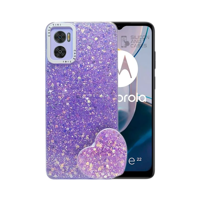 GENERICO - CARCASA PARA MOTOROLA E22E-22i GLITTER CON POP SOCKET COLOR LILA