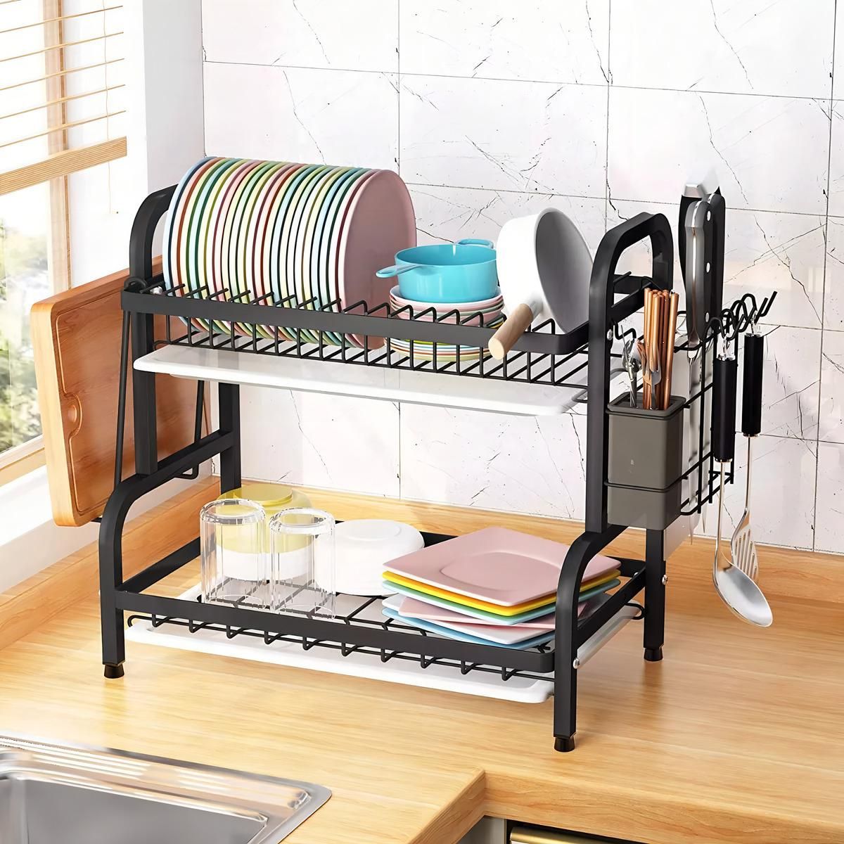 GENERICO - Secador Escurridor de Platos de Acero Inoxidable 2 Niveles Negro
