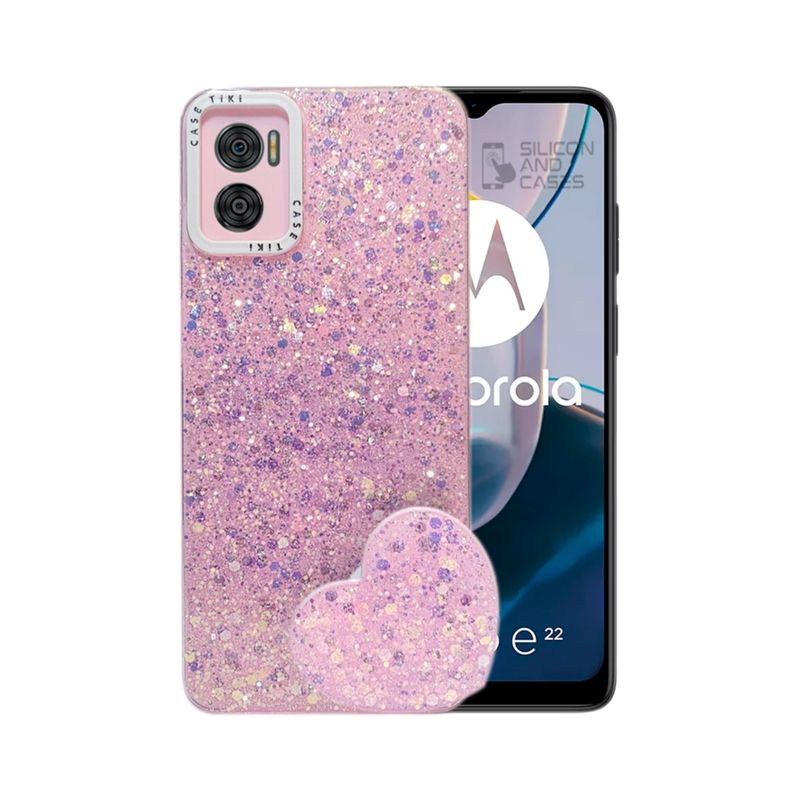 GENERICO - CARCASA PARA MOTOROLA E22E22i GLITTER CON POP SOCKET COLOR ROSA