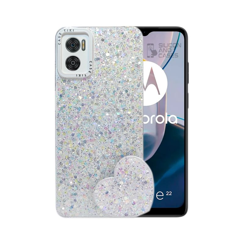 GENERICO - CARCASA PARA MOTOROLA E22-E22i GLITTER CON POP SOCKET COLOR BLANCO