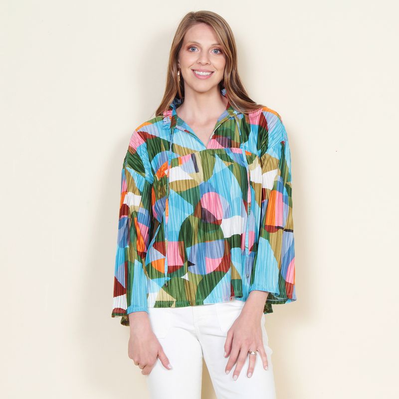 WADOS - BLUSA PLISADA ESTAMPADA MANGA LARGA CON LAZO EN ESCOTE