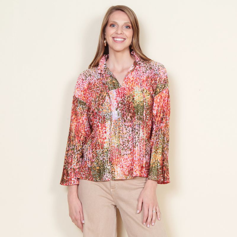 WADOS - BLUSA PLISADA ESTAMPADA MANGA LARGA CON LAZO EN ESCOTE