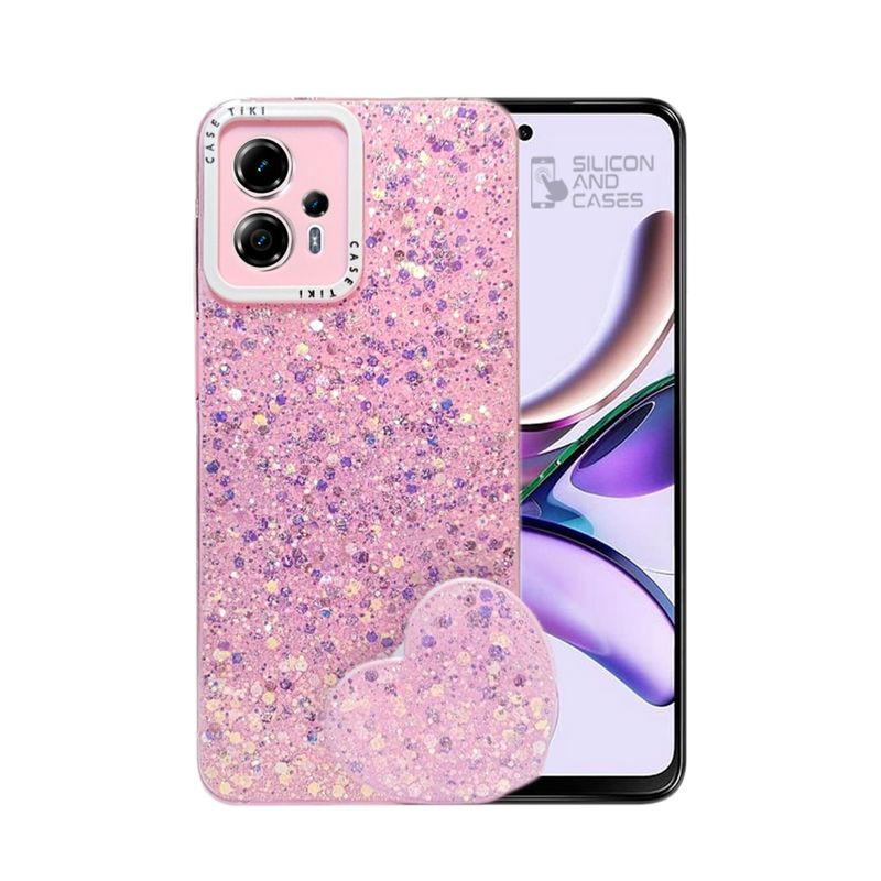 GENERICO - CARCASA PARA MOTOROLA G13 GLITTER CON POP SOCKET COLOR ROSA