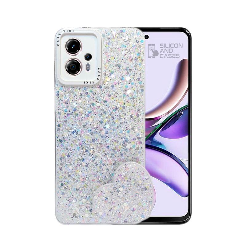 GENERICO - CARCASA PARA MOTOROLA G13 GLITTER CON POP SOCKET COLOR BLANCO