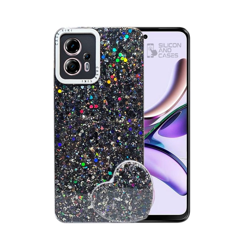 GENERICO - CARCASA PARA MOTOROLA G13 GLITTER CON POP SOCKET COLOR NEGRO