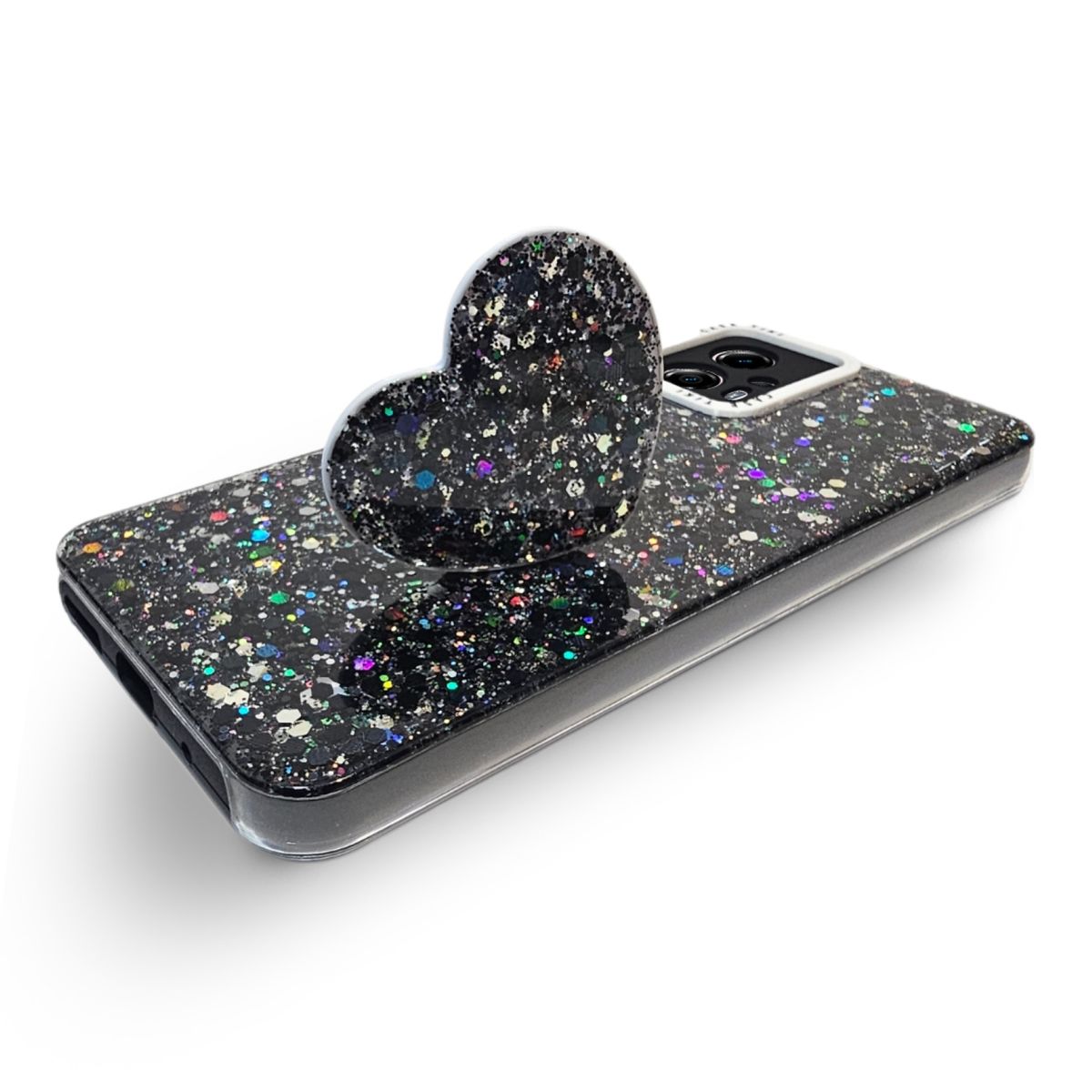 GENERICO - CARCASA PARA MOTOROLA G13 GLITTER CON POP SOCKET COLOR NEGRO