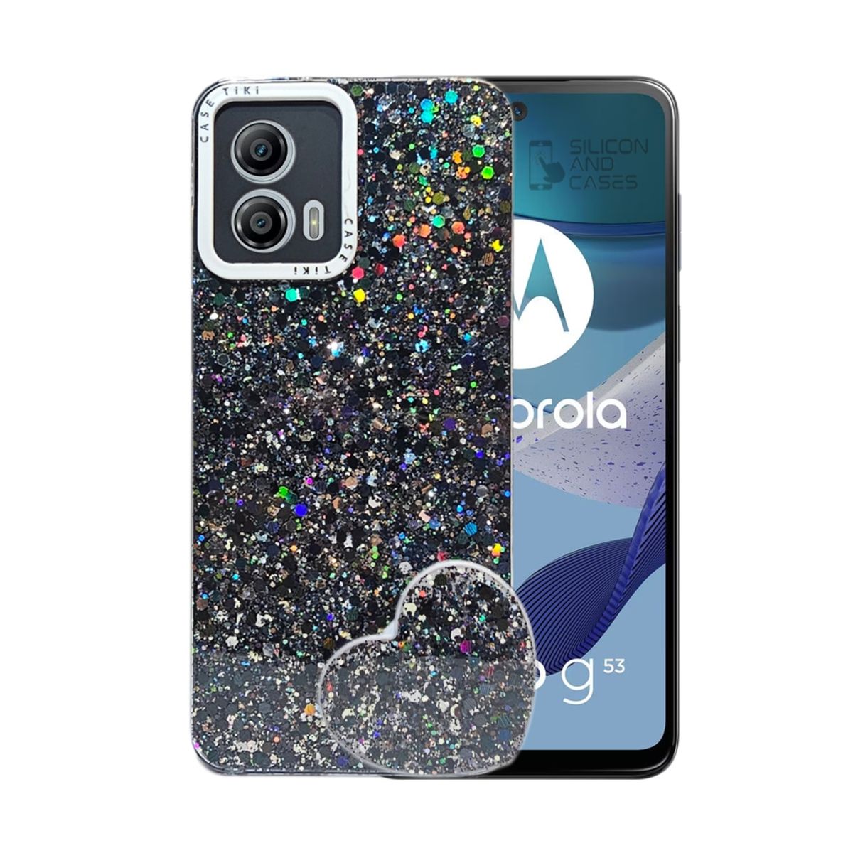 GENERICO - CARCASA PARA MOTOROLA G53 GLITTER CON POP SOCKET COLOR NEGRO.