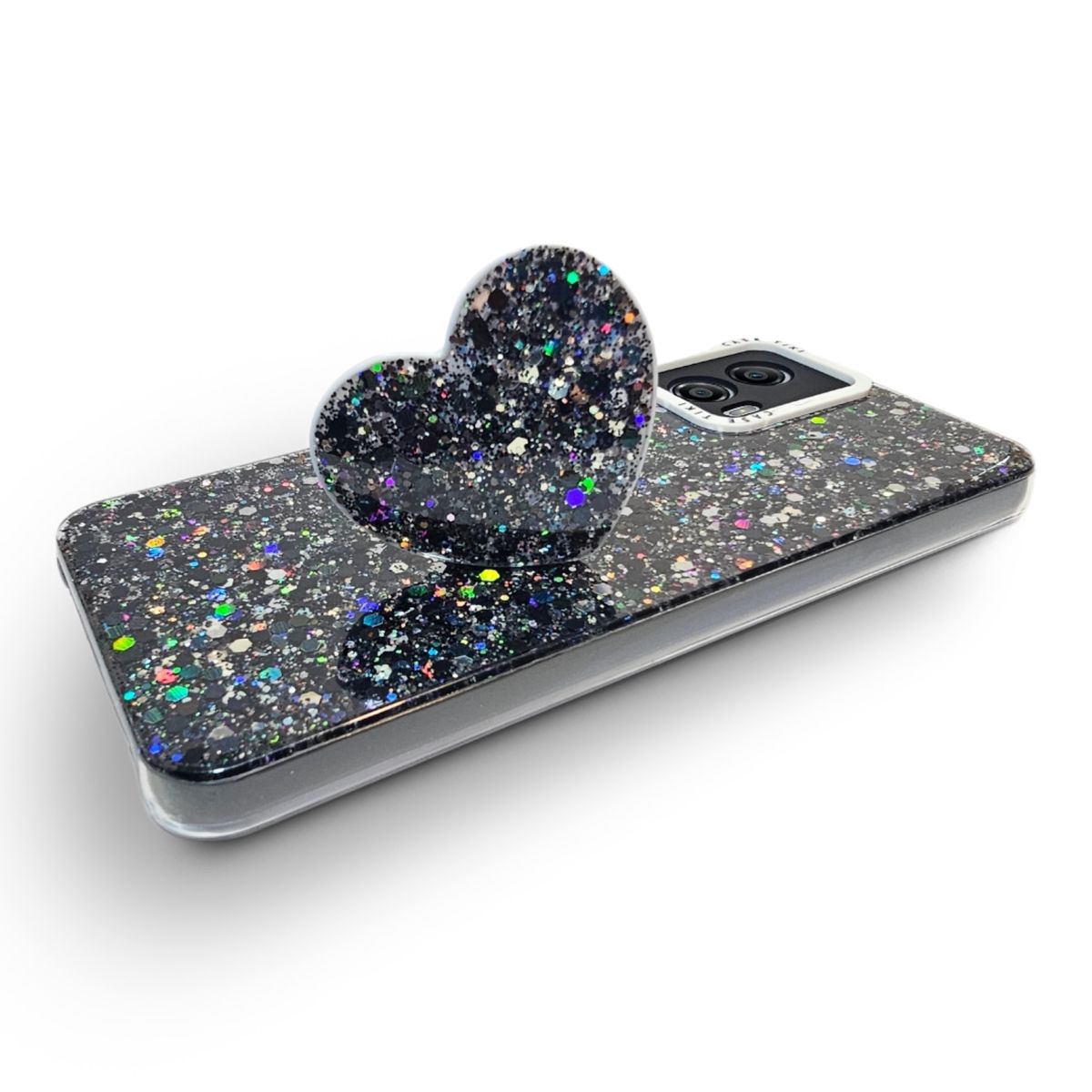 GENERICO - CARCASA PARA MOTOROLA G53 GLITTER CON POP SOCKET COLOR NEGRO.