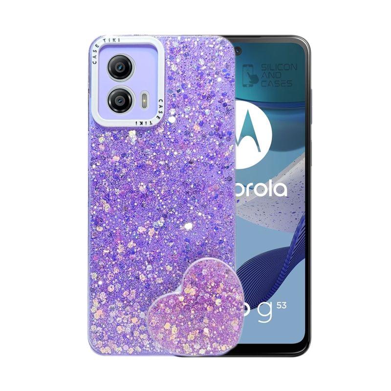 GENERICO - CARCASA PARA MOTOROLA G53 GLITTER CON POP SOCKET COLOR LILA.