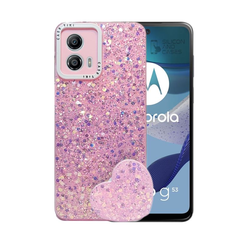 GENERICO - CARCASA PARA MOTOROLA G53 GLITTER CON POP SOCKET COLOR ROSA.