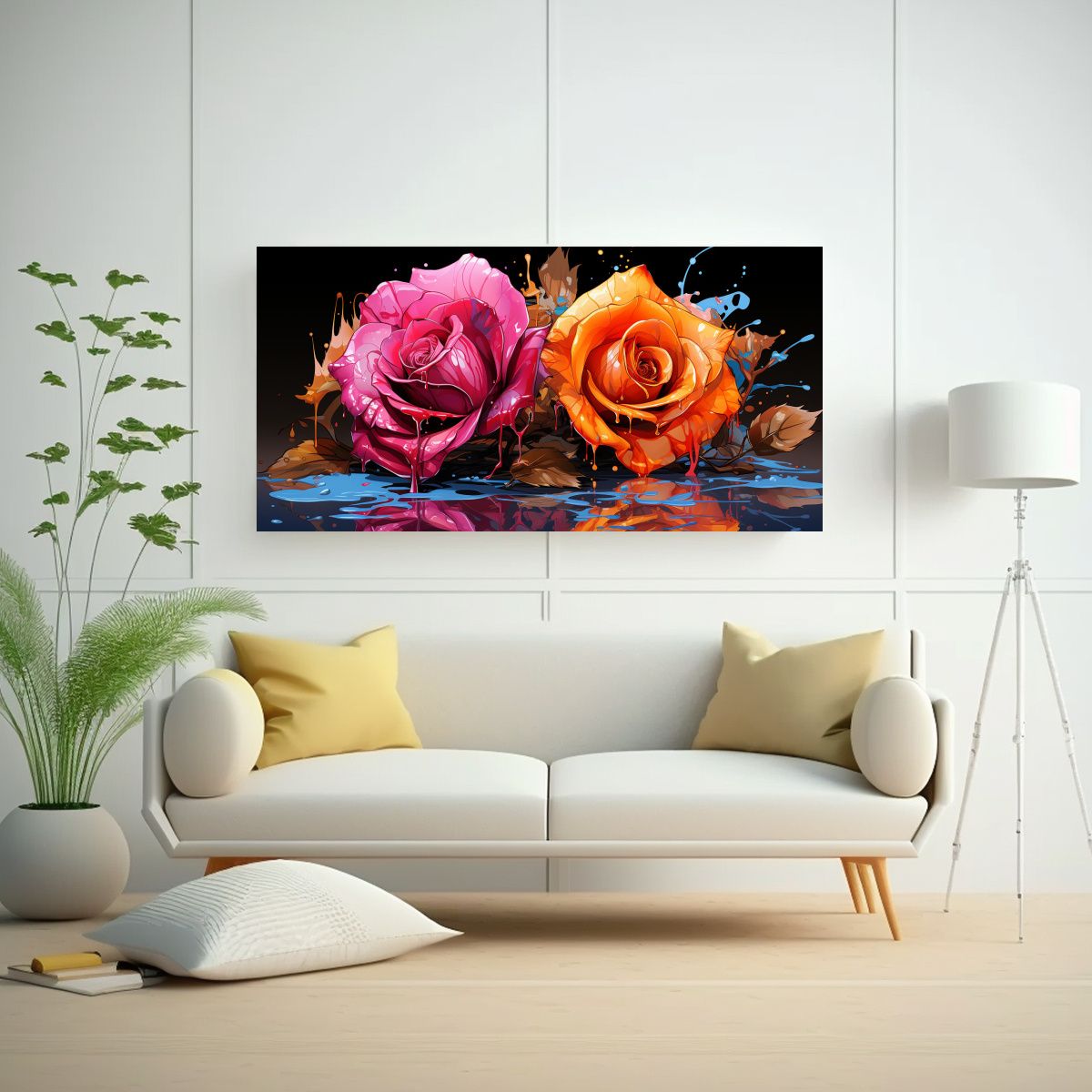 GENERICO - Pintura Decorativa De Rosas Coloreadas Con Goteos 80x40 Cm