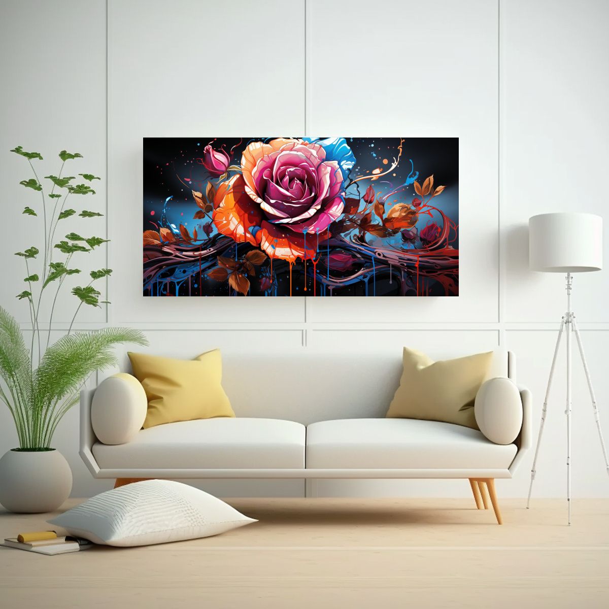 GENERICO - Pintura Decorativa Con Rosa Coloreada Y Goteos En 100x50 Cm