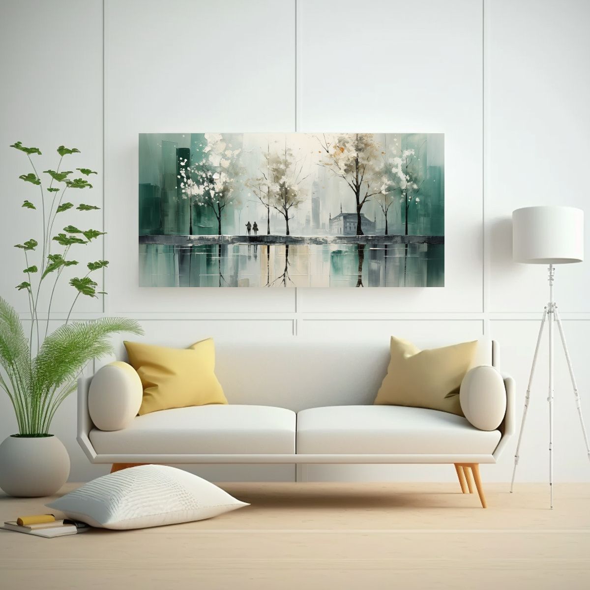 GENERICO - Cuadro Abstracto Árboles En Plata Y Blanco De 100x50 Cm