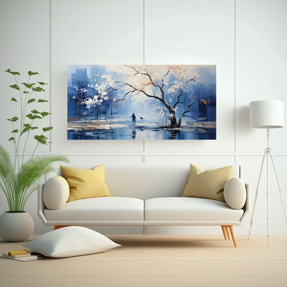 GENERICO - Pintura Abstracta De árboles En Plata Y Blanco 80x40 Cm