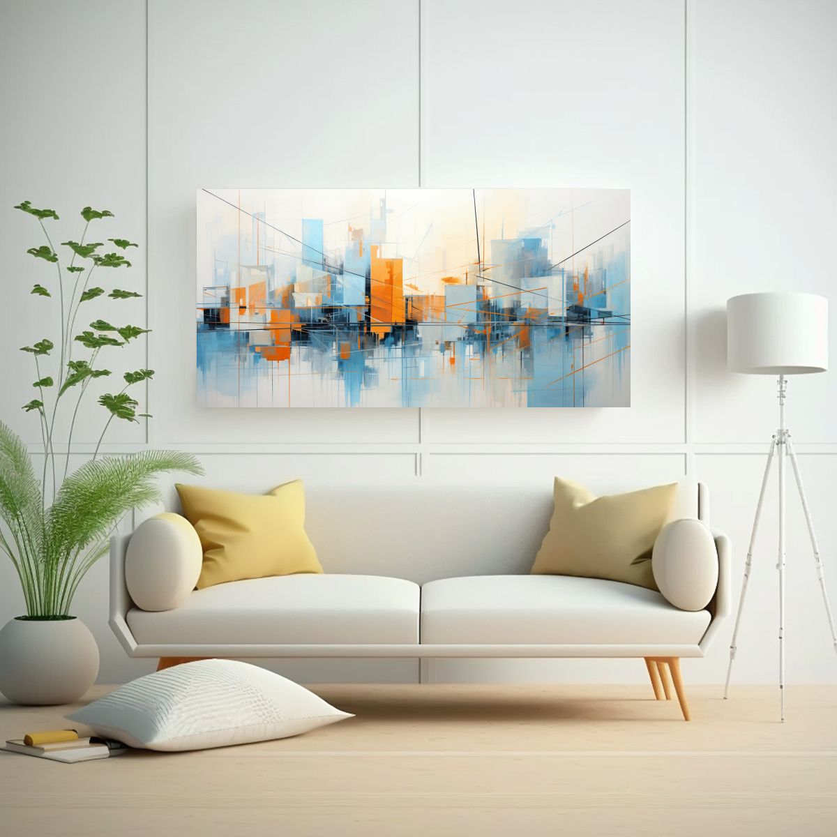 GENERICO - Cuadro Abstracto De Ciudad En Azul Y Naranja 60x30 Cm