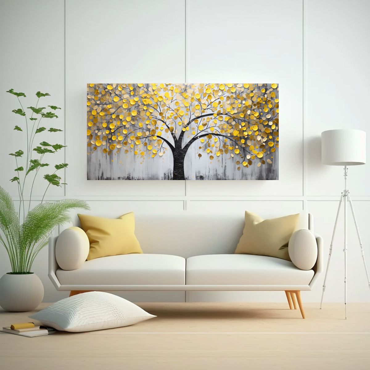 GENERICO - Pintura árbol Amarillo Y Plateado En Cuadro 60x30 Cm