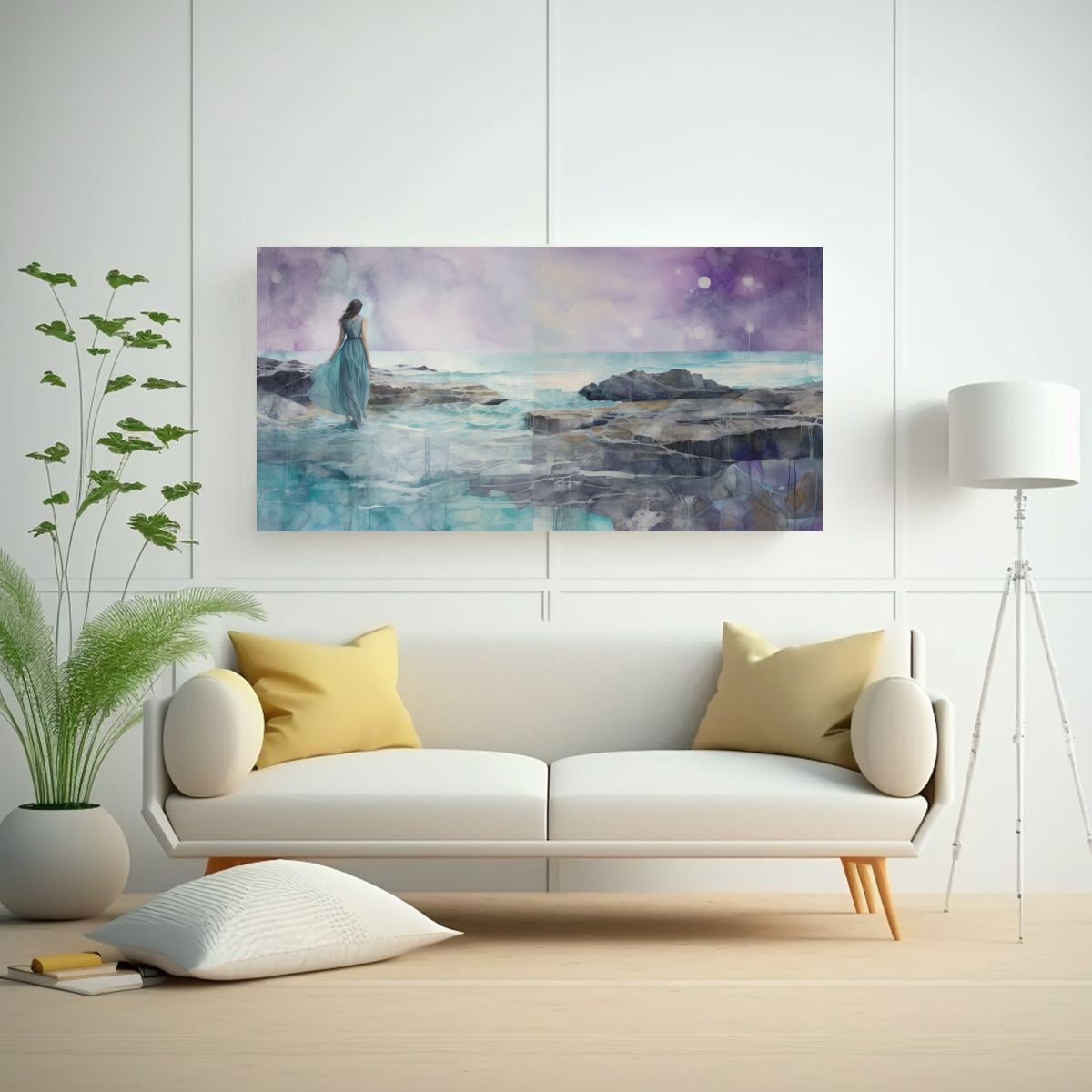 GENERICO - Cuadro Acuarela Escena En Púrpura Verde Azulado 80x40 Cm