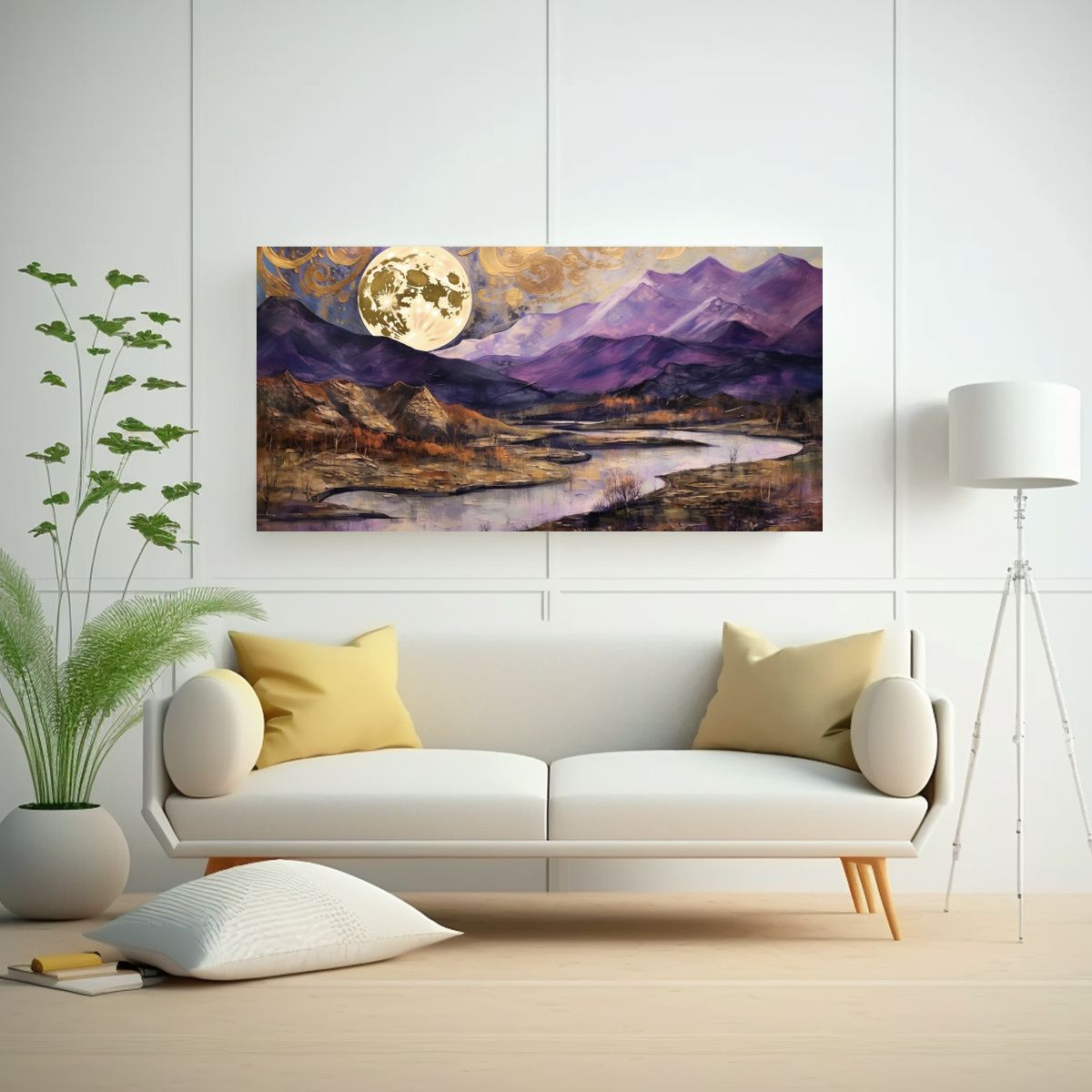 GENERICO - Pintura Lienzo Tela Luna Cerca Montañas Con 60x30 Cm.