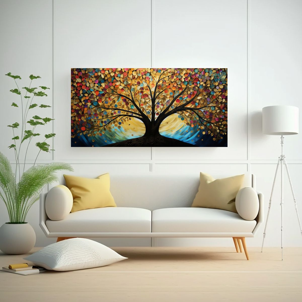GENERICO - Cuadro Sala Con Árbol Dorado Y Arcoíris En 60x30 Cm