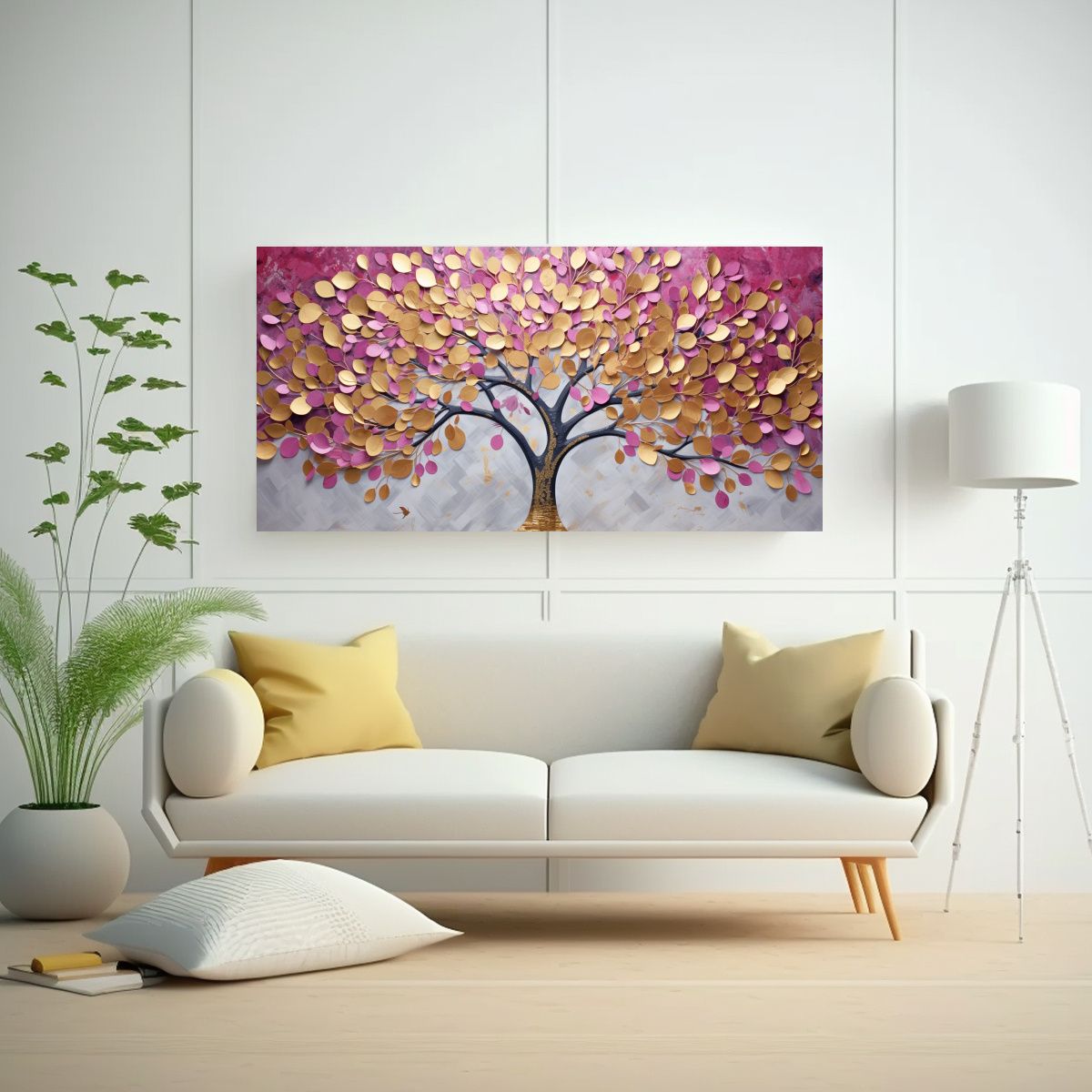 GENERICO - Cuadro Inspirador árbol Rosa Y Dorado Estilo 100x50 Cm