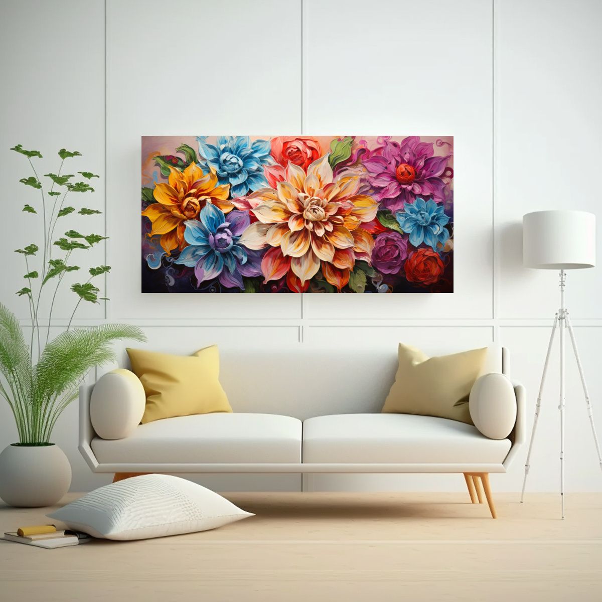 GENERICO - Cuadro De Flores En Colores Del Arcoíris Pintado 100x50 Cm