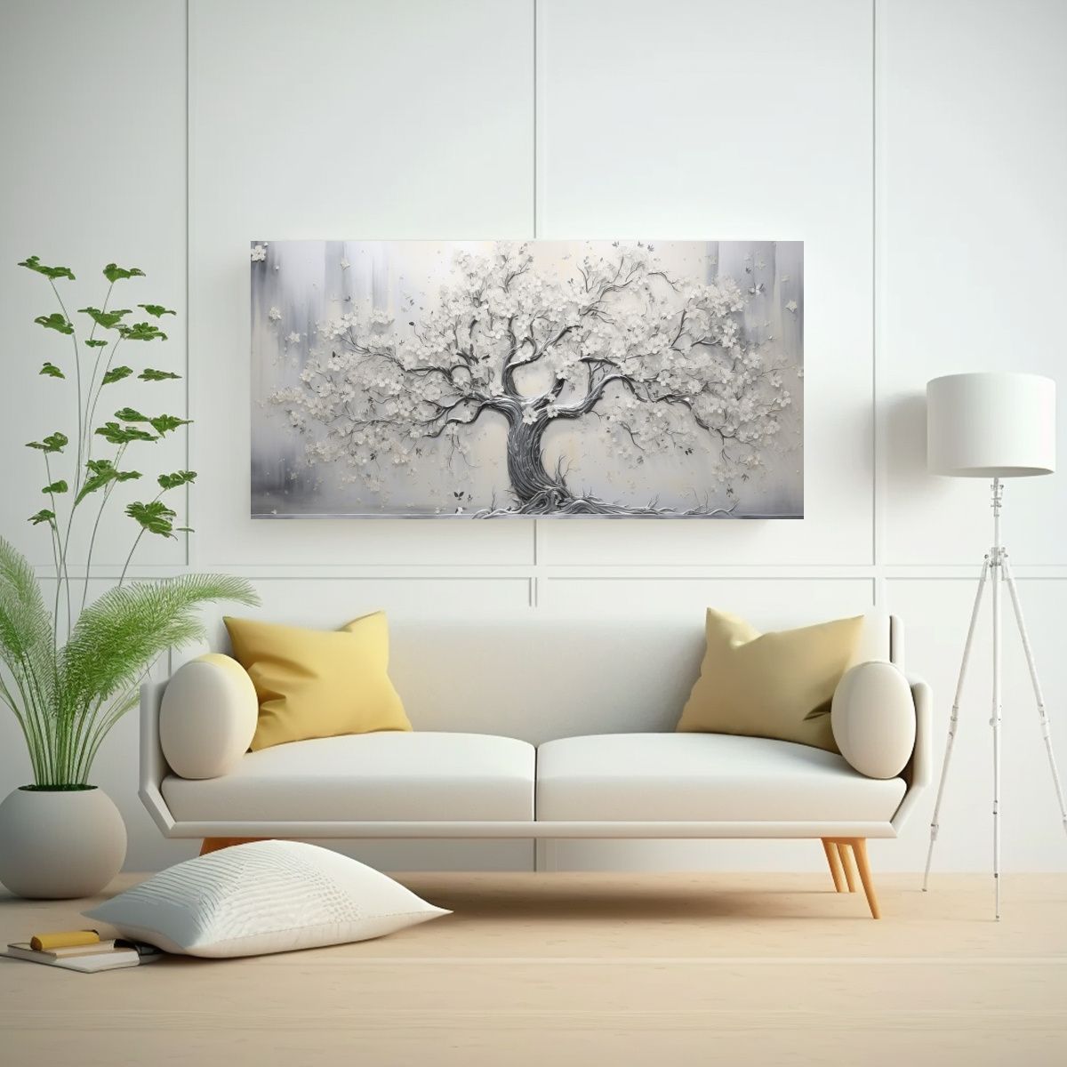 GENERICO - Cuadro De Tela Blanco Y Plateado Con Decoración 100x50 Cm