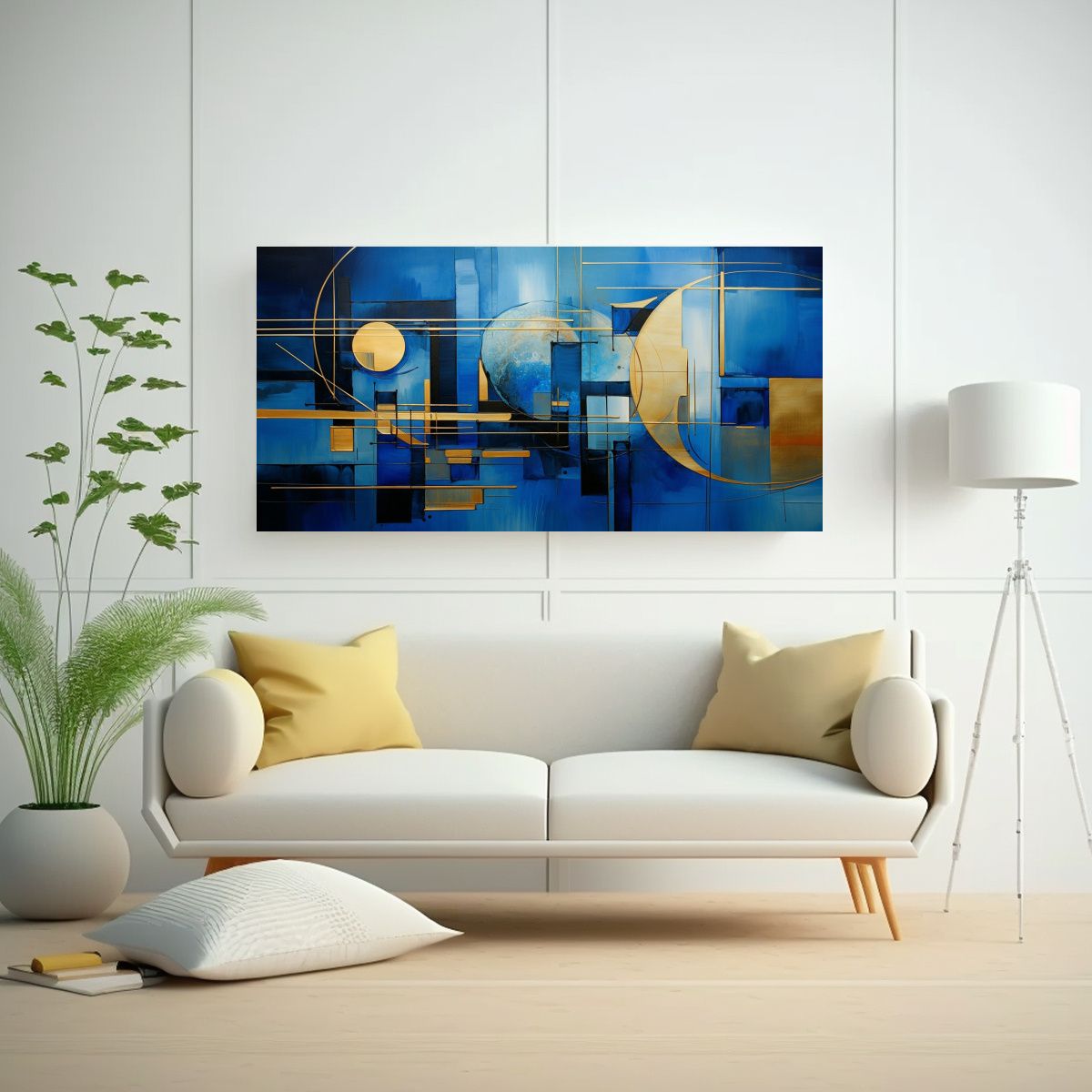 GENERICO - Cuadro Abstracto Azul Y Dorado Expresivo 80x40 Cm