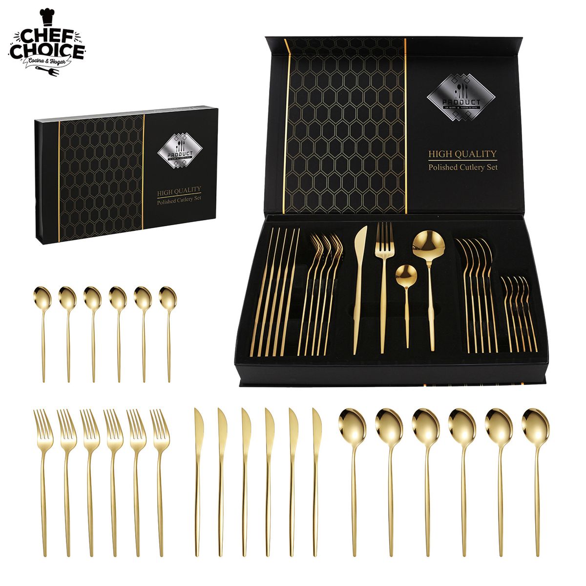 CHEFCHOICE - Juego De Cubiertos 24 Piezas Acero Inoxidable Color Dorado Chef Choice