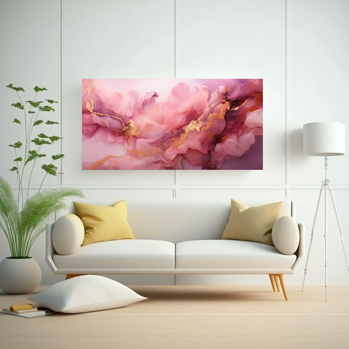GENERICO - Cuadro Abstracto En Relieve Mármol Rosa Y Dorado 100x50 Cm