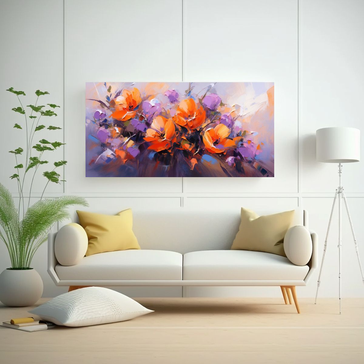 GENERICO - Pintura Flores Morado Y Naranja En Lienzo Para 80x40 Cm