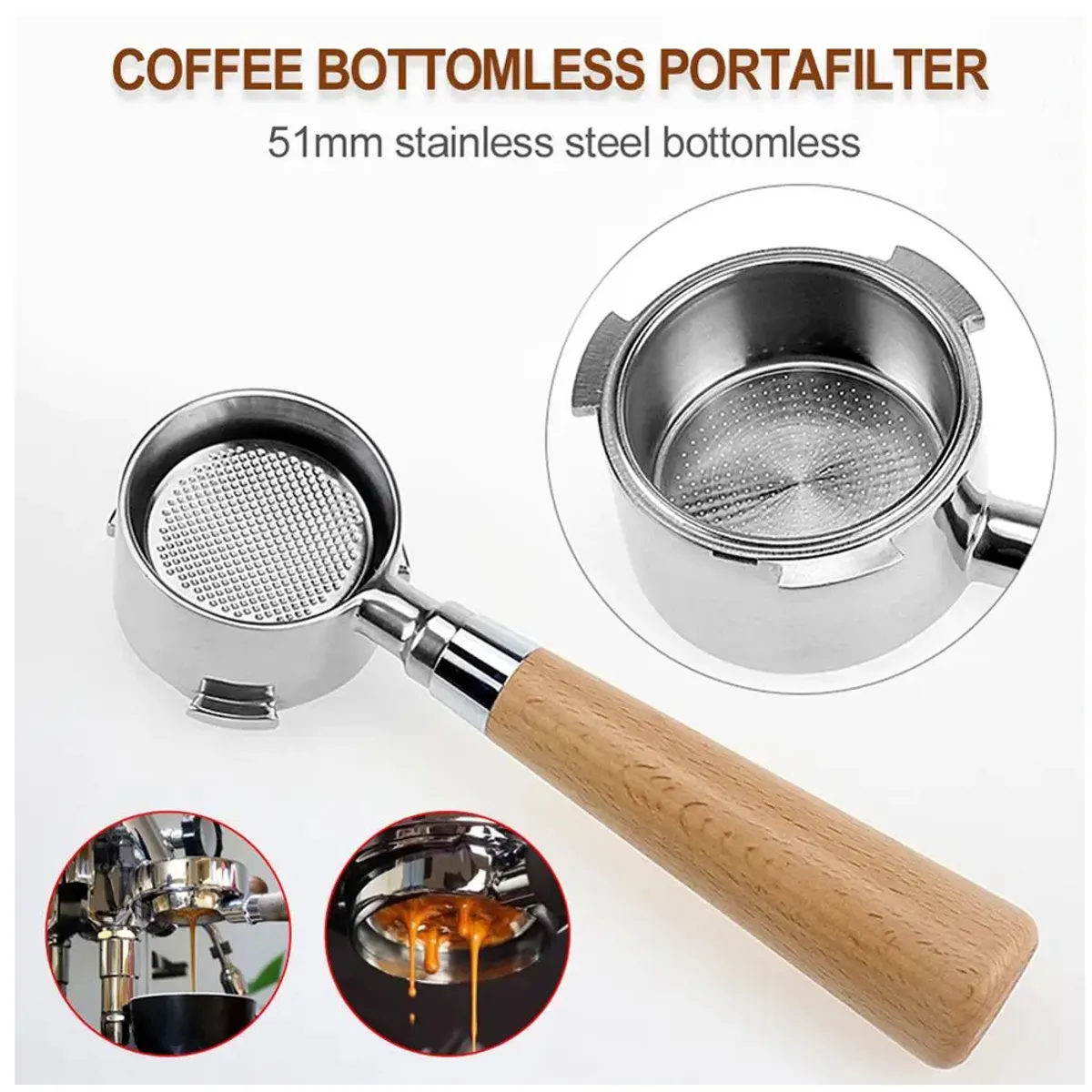 KUANGYE - Portafiltro Sin Fondo 51mm 3 Orejas, Para Cafetera Espresso